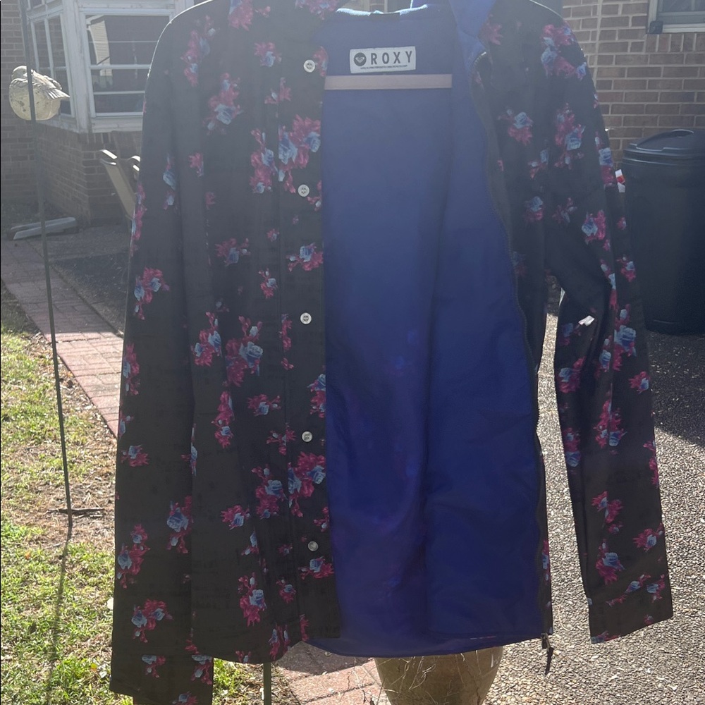 Roxy Black Rain Jacket with Pink & Blue Floral Accents
